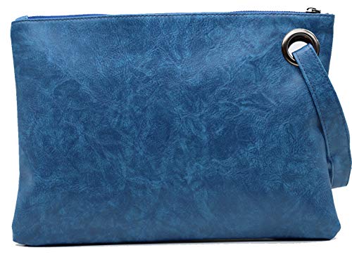 Amaze Womens Oversized Clutch Bag Large PU Leather Pouch Evening Handbags Envelope Purse with Wristlet Shoulder Lady (Blue) - Image 1