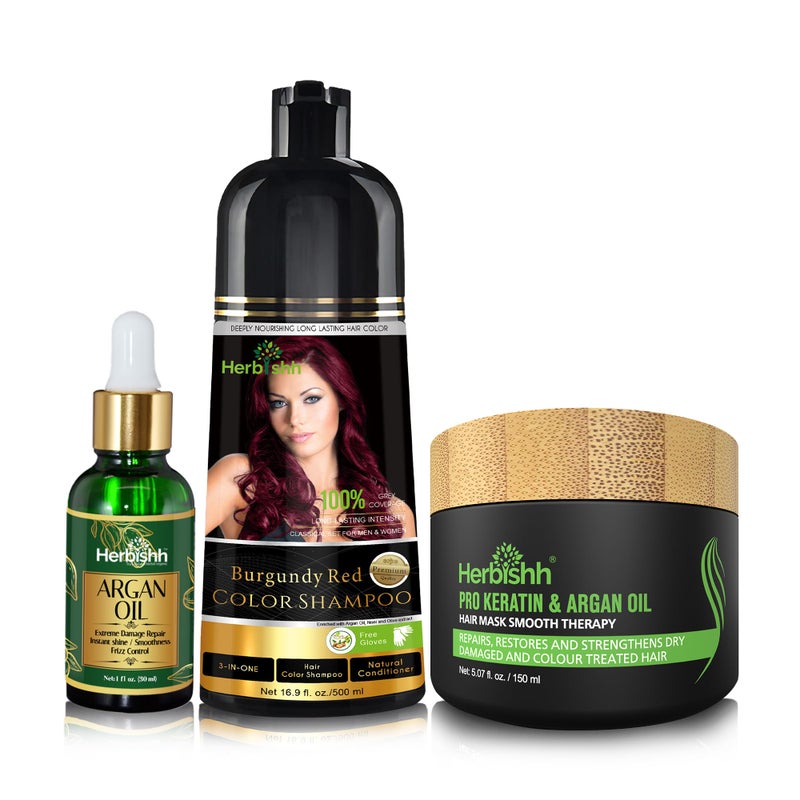 Herbishh After Color Shampoo Combo Contains Hair Color Shampoo Hair Dye 500ml Argan Oil 30ml Pro Keratin And Argan Hair Mask For Hair Straightening Shine And Protection For Men And Women Burgundy
