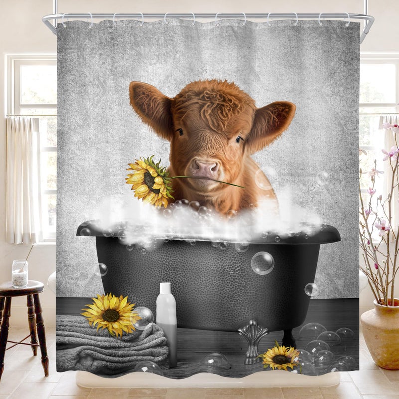Cinbloo Farmhouse Grey Highland Cow Shower Curtain 60Wx72H Country Western Cute Cattle Bathroom Curtain Funny Calf with Sunflower in Bathtub Bath Curtain Farm Rustic Bathroom Decor Fabric 12 Hooks - Image 1