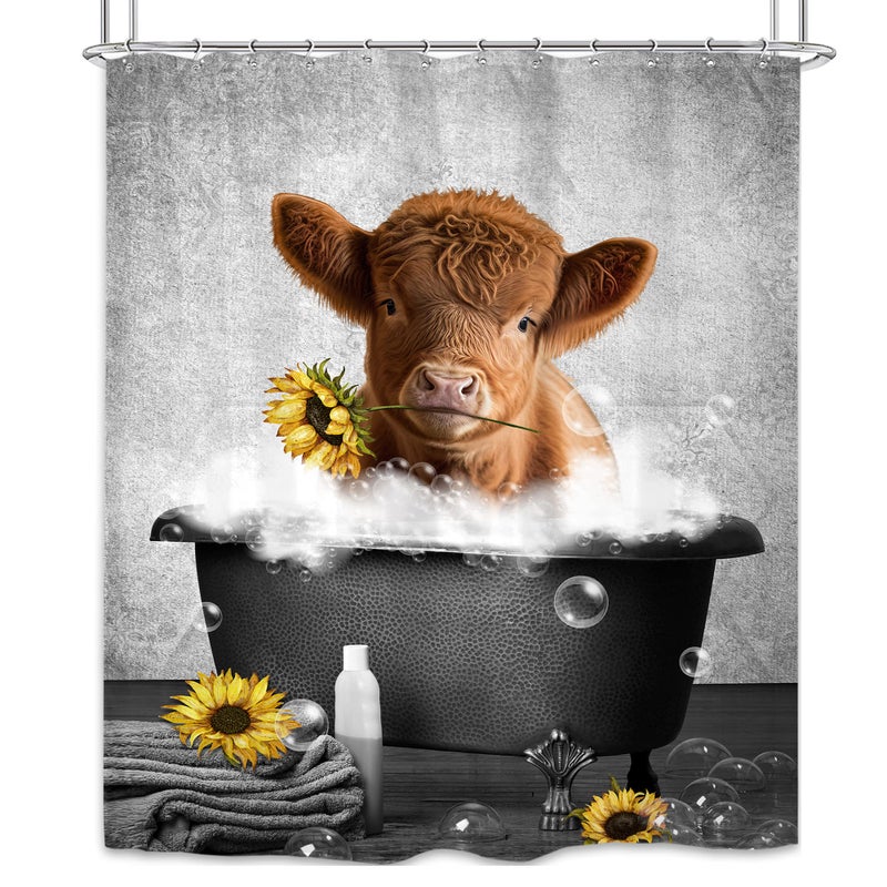Cinbloo Farmhouse Grey Highland Cow Shower Curtain 60Wx72H Country Western Cute Cattle Bathroom Curtain Funny Calf with Sunflower in Bathtub Bath Curtain Farm Rustic Bathroom Decor Fabric 12 Hooks - Image 5