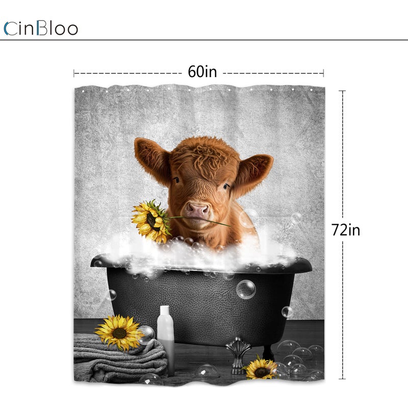 Cinbloo Farmhouse Grey Highland Cow Shower Curtain 60Wx72H Country Western Cute Cattle Bathroom Curtain Funny Calf with Sunflower in Bathtub Bath Curtain Farm Rustic Bathroom Decor Fabric 12 Hooks - Image 3