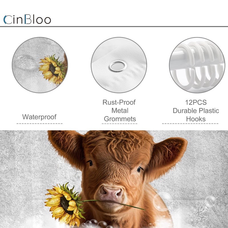 Cinbloo Farmhouse Grey Highland Cow Shower Curtain 60Wx72H Country Western Cute Cattle Bathroom Curtain Funny Calf with Sunflower in Bathtub Bath Curtain Farm Rustic Bathroom Decor Fabric 12 Hooks - Image 4