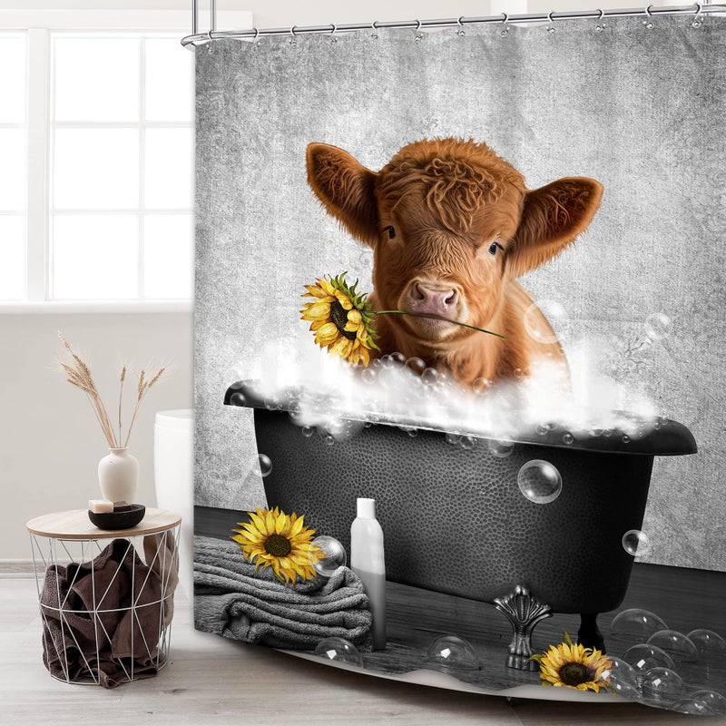 Cinbloo Farmhouse Grey Highland Cow Shower Curtain 60Wx72H Country Western Cute Cattle Bathroom Curtain Funny Calf with Sunflower in Bathtub Bath Curtain Farm Rustic Bathroom Decor Fabric 12 Hooks - Image 2