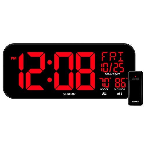Sharp Large Oversized Screen LED Clock with Outdoor/Indoor Temperature with Outdoor Sensor, with Date and Day of Week – 14 inch Clock with 4 inch Digits - Image 1