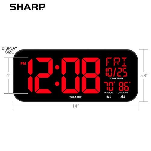 Sharp Large Oversized Screen LED Clock with Outdoor/Indoor Temperature with Outdoor Sensor, with Date and Day of Week – 14 inch Clock with 4 inch Digits - Image 3