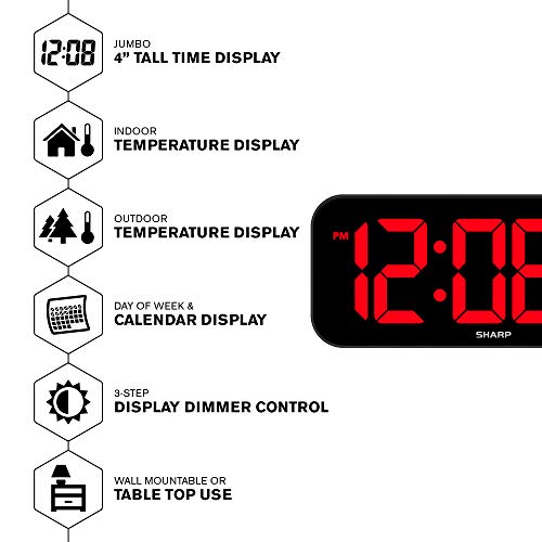 Sharp Large Oversized Screen LED Clock with Outdoor/Indoor Temperature with Outdoor Sensor, with Date and Day of Week – 14 inch Clock with 4 inch Digits - Image 2