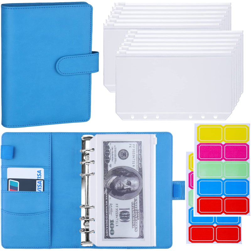 Antner A6 Budget Binder with Zipper Cash Envelopes for Money Organizer Budgeting PU Leather Budget Planner Money Saving Binder with Cash Stuffing Envelopes Labels for Home Office Travel Sky Blue