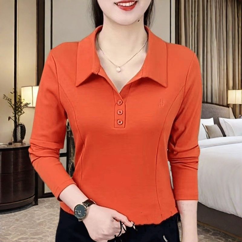 T-Shirt For Women, Fashion, Stylish And Simple Solid Color, Long-Sleeve Embroidered Slimming Polo Collar Base Shirt - Image 4