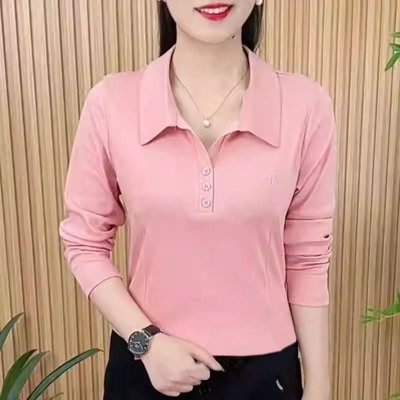T-Shirt For Women, Fashion, Stylish And Simple Solid Color, Long-Sleeve Embroidered Slimming Polo Collar Base Shirt - Image 5