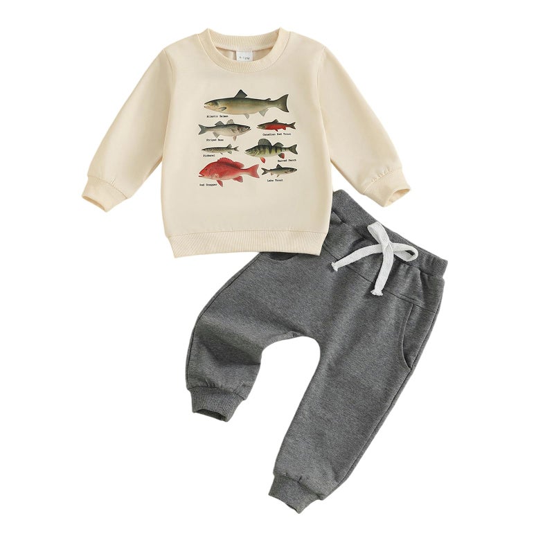 Fernvia Toddler Baby Boy Fall Clothes Animal Print Long Sleeve Pullover Tops + Drawstring Pants Winter Outfits, C-fish Grey, 18-24 months - Image 1