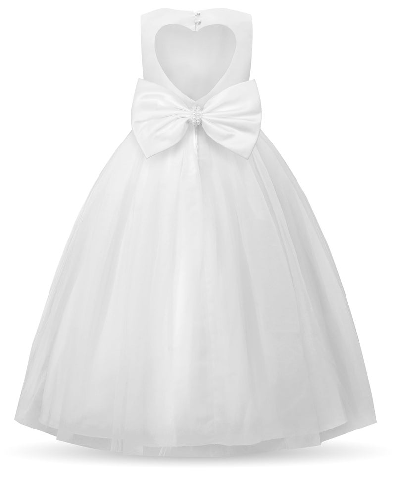 Uhnice Flower Girl Pearl Dress Tulle Ball Gown Bow Prom with Heart Cutout for Wedding Birthday Party (White, 120/5-6 Years) - Image 1