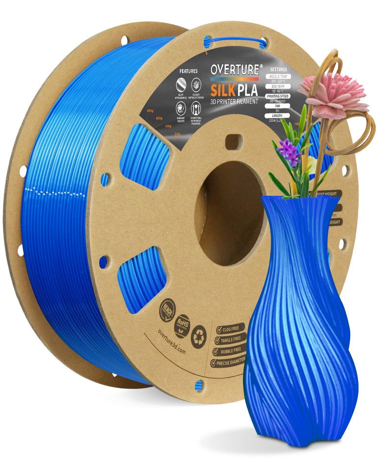 OVERTURE Silk PLA Filament 1.75mm, Clog-Free Shiny, Metallic Shine 3D Printer Filament, 1kg Spool (2.2lbs), Ideal for Cosplay Jewelry & Home Decor (Silk Blue) - Image 1
