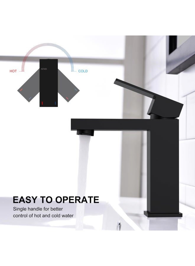 KENES Black Bathroom Faucet, Matte Black Modern Single Hole Bathroom Faucet, Single Handle Stainless Steel Faucet cUPC Lead-Free Certified Vanity Sink Faucet Bathroom Sink Faucet, Drain Assembly - Image 4