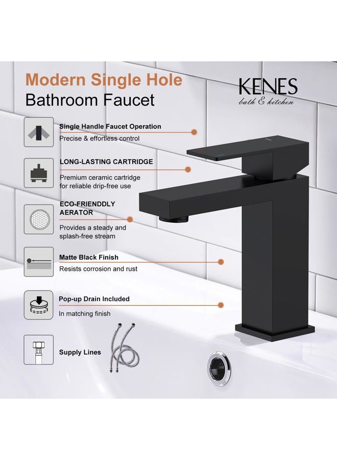 KENES Black Bathroom Faucet, Matte Black Modern Single Hole Bathroom Faucet, Single Handle Stainless Steel Faucet cUPC Lead-Free Certified Vanity Sink Faucet Bathroom Sink Faucet, Drain Assembly - Image 3