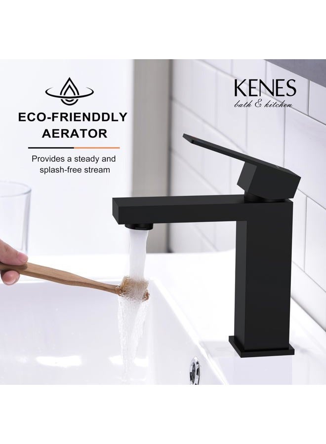 KENES Black Bathroom Faucet, Matte Black Modern Single Hole Bathroom Faucet, Single Handle Stainless Steel Faucet cUPC Lead-Free Certified Vanity Sink Faucet Bathroom Sink Faucet, Drain Assembly - Image 5