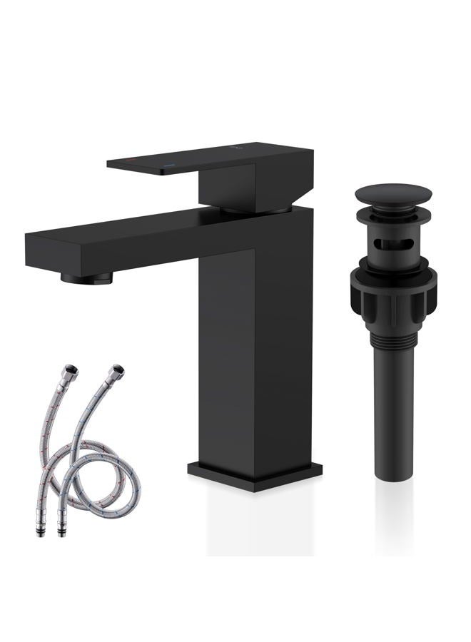 KENES Black Bathroom Faucet, Matte Black Modern Single Hole Bathroom Faucet, Single Handle Stainless Steel Faucet cUPC Lead-Free Certified Vanity Sink Faucet Bathroom Sink Faucet, Drain Assembly - Image 1