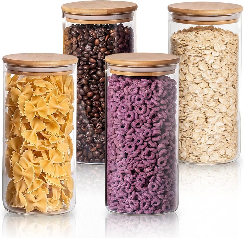 MEETOZ 950ml Set of 4 Glass Jars with Bamboo Lids,High Borosilicate Glass Transparent Airtight Food Storage Tank,Large Capacity Kitchen Food Containers for Spices,Coffee Beans,Oatmeal - Image 1