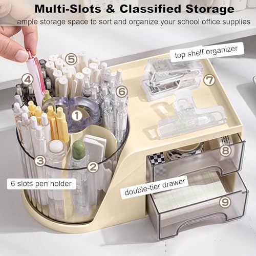HOME CUBE Rotating Desk Organizer with Drawer, Bathroom Organizer, 360° Rotating Desktop Organizer For Office Supplies Stationery Pens Staplers Clips Sticky Notes Visiting Card (Beige) - Image 2