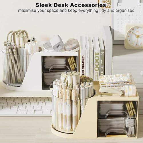 HOME CUBE Rotating Desk Organizer with Drawer, Bathroom Organizer, 360° Rotating Desktop Organizer For Office Supplies Stationery Pens Staplers Clips Sticky Notes Visiting Card (Beige) - Image 4