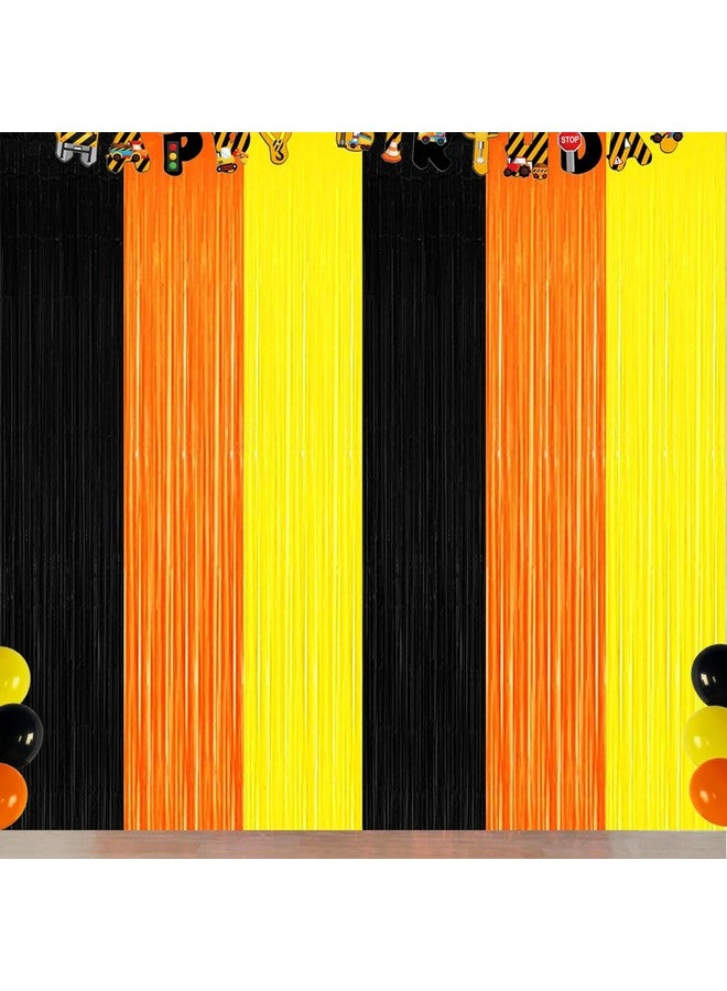 Asonlye Construction Birthday Party Decorations, Orange Black Yellow Foil Fringe Backdrop Dump Truck Party Decorations Tinsel Curtains Backdrop Streamer for Construction Baby Shower Decoration (3Pack) - Image 1
