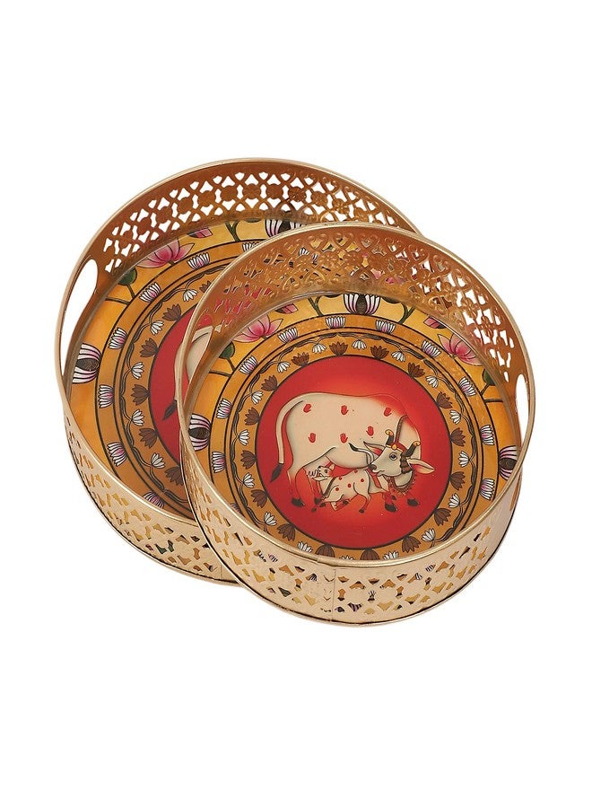 Two Moustaches Kamdhenu Cow & Calf with Lotus Design Serving Trays Set (8 Inches & 10 Inches), Serving Plates for Home, Platters for Tea/Coffee/Snacks, Decorative Pichwai Tray, Multicolored, Pack of 2 - Image 2
