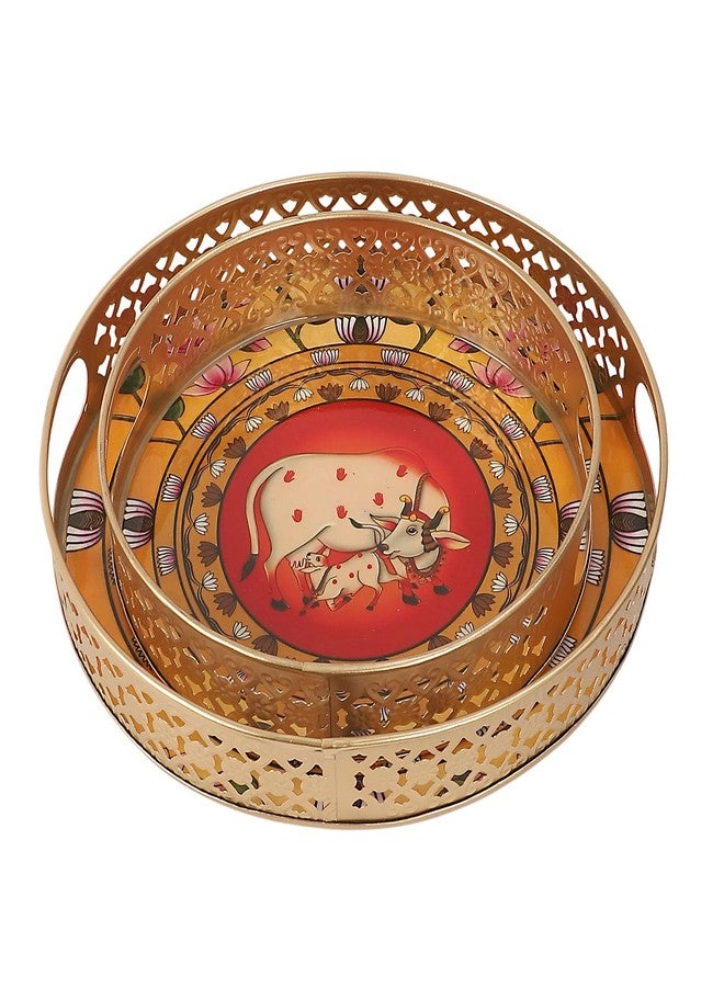Two Moustaches Kamdhenu Cow & Calf with Lotus Design Serving Trays Set (8 Inches & 10 Inches), Serving Plates for Home, Platters for Tea/Coffee/Snacks, Decorative Pichwai Tray, Multicolored, Pack of 2 - Image 5