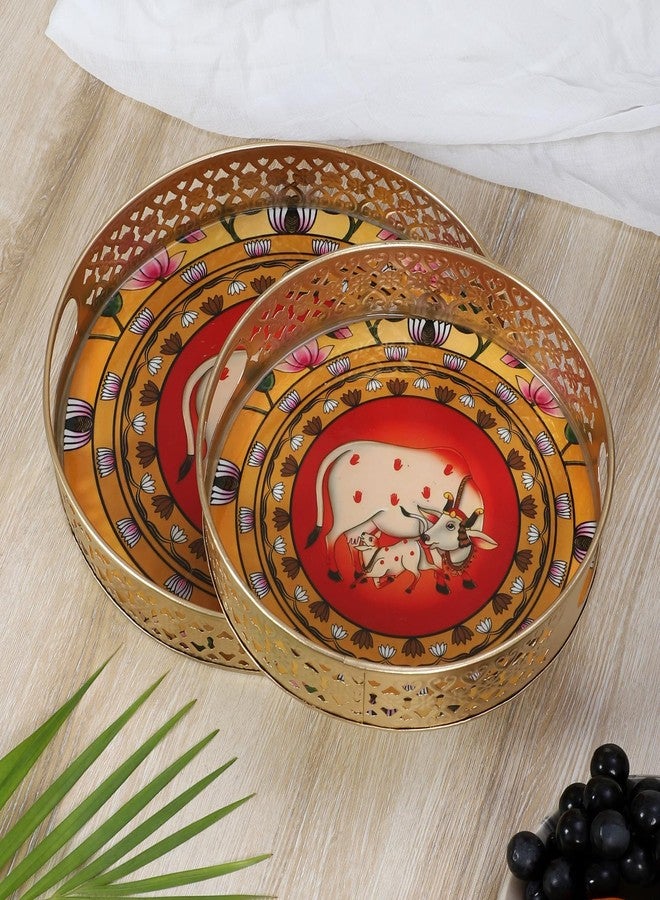 Two Moustaches Kamdhenu Cow & Calf with Lotus Design Serving Trays Set (8 Inches & 10 Inches), Serving Plates for Home, Platters for Tea/Coffee/Snacks, Decorative Pichwai Tray, Multicolored, Pack of 2 - Image 1
