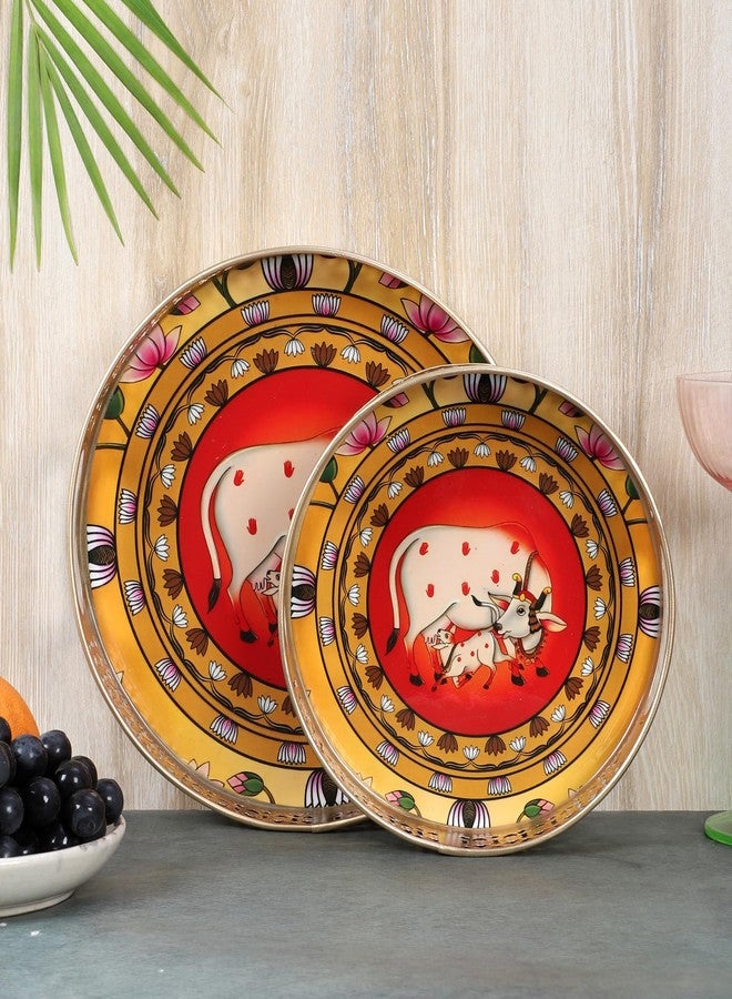 Two Moustaches Kamdhenu Cow & Calf with Lotus Design Serving Trays Set (8 Inches & 10 Inches), Serving Plates for Home, Platters for Tea/Coffee/Snacks, Decorative Pichwai Tray, Multicolored, Pack of 2 - Image 3