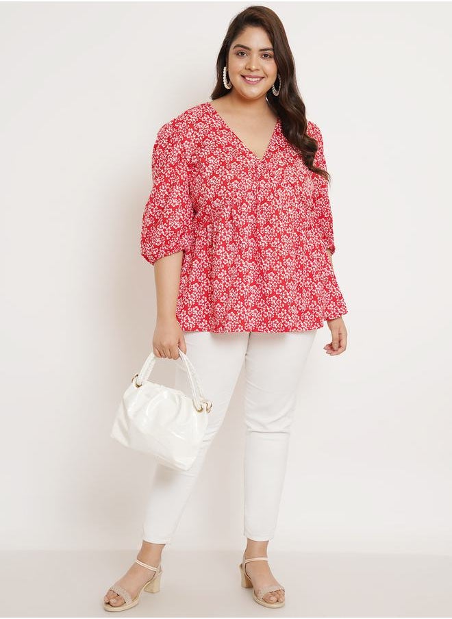 U&F - Plus Floral Print Regular Top with Puff Sleeves by Styli - Image 1