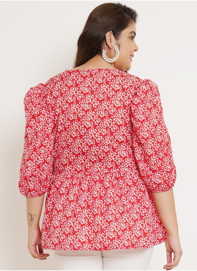 U&F - Plus Floral Print Regular Top with Puff Sleeves by Styli - Image 1
