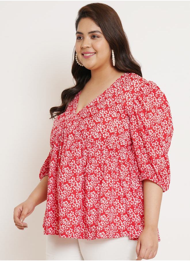 U&F - Plus Floral Print Regular Top with Puff Sleeves by Styli - Image 1