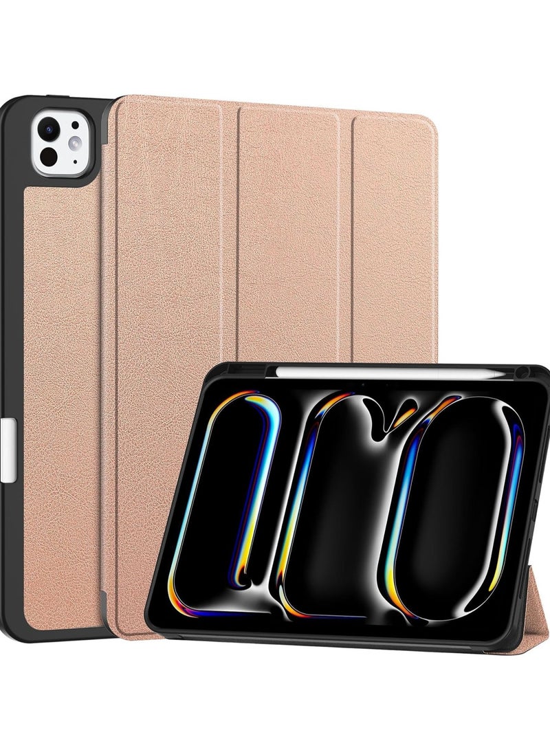 VKL Compatible with iPad Pro 13 Case (M4) 2024 with Pencil Holder [Supports Pencil/Pencil Pro], Leather + Soft TPU Back Cover with Smart Trifold Stand, Auto Wake/Sleep (Rose Gold)