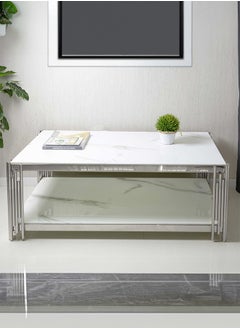 VANITY LIVING VANITY LIVING Large Coffee Table for Living Room Furniture, White Artificial Marble Glass Centre Table with Chrome Stainless Steel Legs & Extra Shelf Space  - Image 1