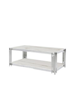 VANITY LIVING VANITY LIVING Large Coffee Table for Living Room Furniture, White Artificial Marble Glass Centre Table with Chrome Stainless Steel Legs & Extra Shelf Space  - Image 2