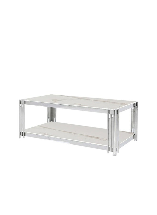 VANITY LIVING VANITY LIVING Large Coffee Table for Living Room Furniture, White Artificial Marble Glass Centre Table with Chrome Stainless Steel Legs & Extra Shelf Space  - Image 2