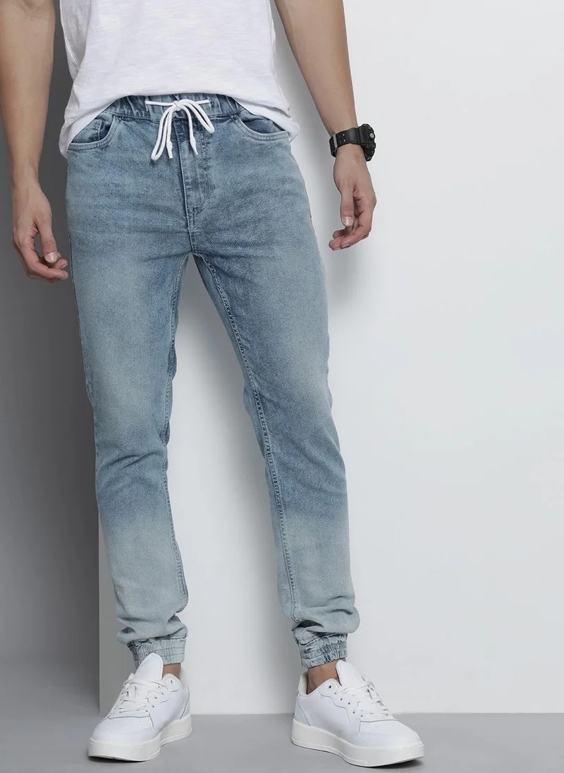 Men Slim Fit Overdyed Mid-Rise Stretchable Denim Joggers