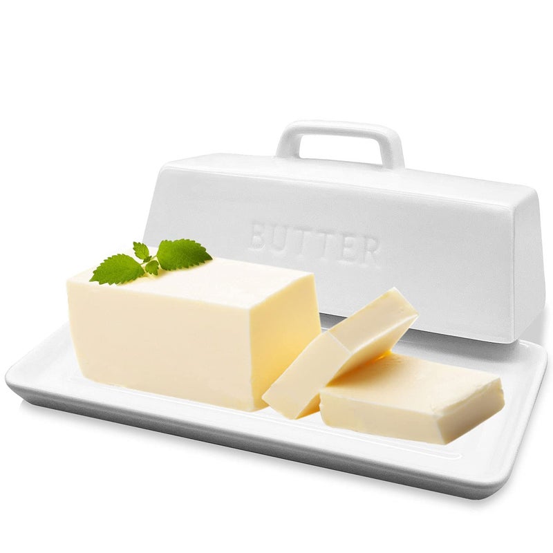 Gute Butter Dish with Lid for Countertop Covered Ceramic Butter Dish Butter Tray Storage for 1 Stick of Butter Butter Keeper Container with Handle for Kitchen White