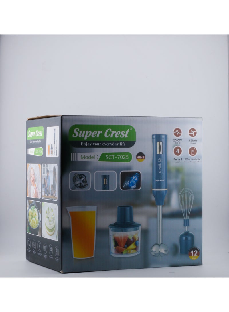 سوبر كريست خلاط يدوي سوبر كريست 4 في 1 SCT-7025 - 2000 واط، جرة 600 مل، 4 شفرات، خلاط، مطحنة، مضرب  - Image 1