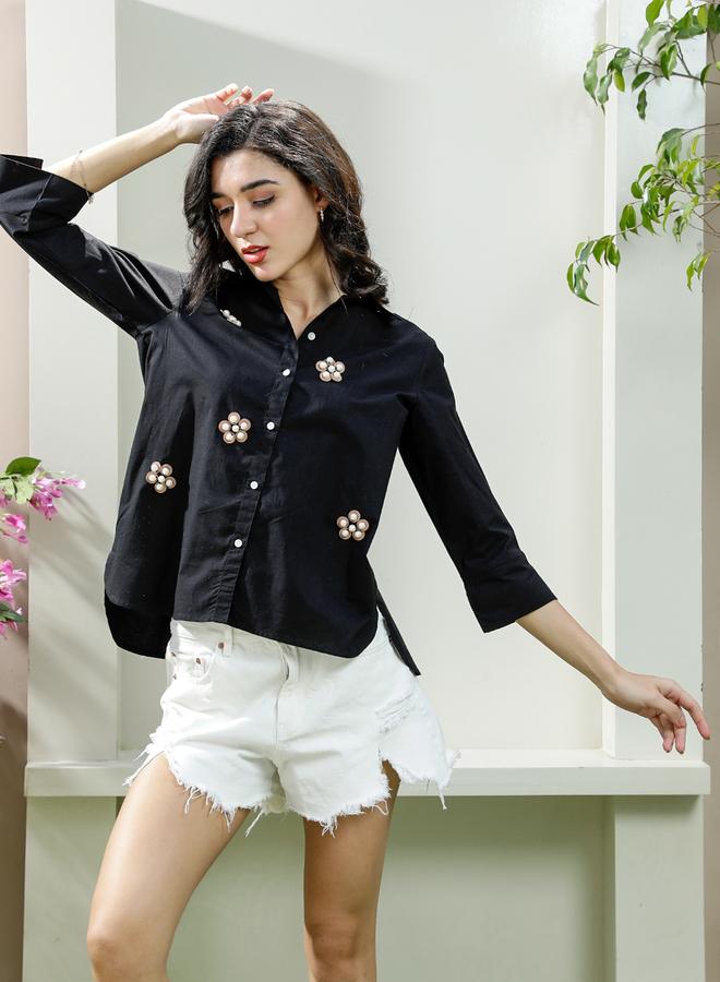 Athena Black Floral Embellished Cotton Shirt - Image 2