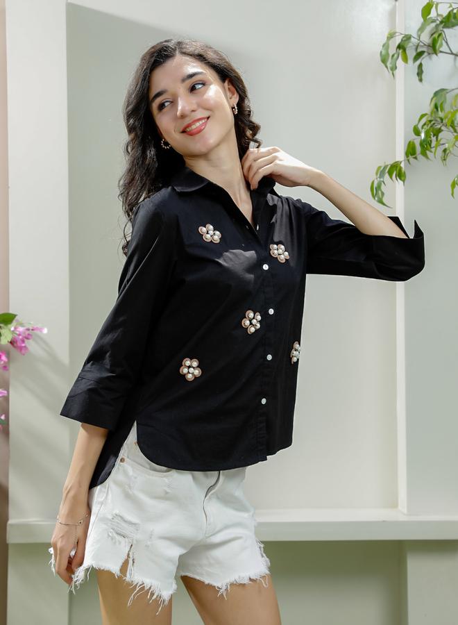 Athena Black Floral Embellished Cotton Shirt - Image 3