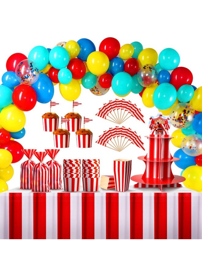 Zhanmai 432 Pcs Circus Party Decorations Set Carnival Circus Balloon Garland Arch Kit Table Skirts 3 Tier Cupcake Stand Cupcake Wrappers Popcorn Boxes for Carnival Circus Birthday Halloween Party Decoration - Image 1