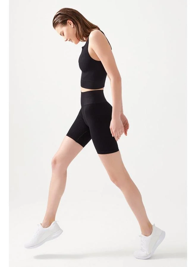 Los Ojos Women's Black High Waist Shaping Short Sports Leggings Ribbed Biker.