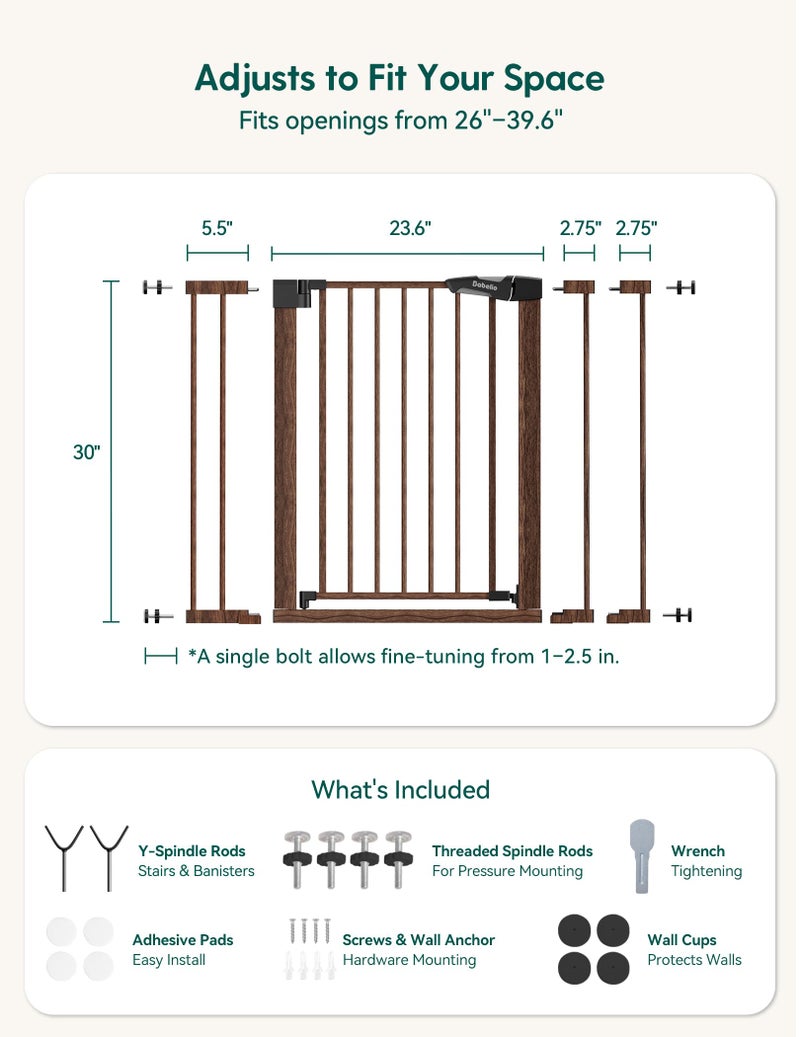BABELIO Mom's Choice Award Winner-Babelio 26-40" Metal Baby Gate with Black Wood Pattern, PressGuard C5 Easy Install Pressure Mounted Dog Gate for Stairs and Doorways, with Wall Protectors and Extension Kits - Image 5