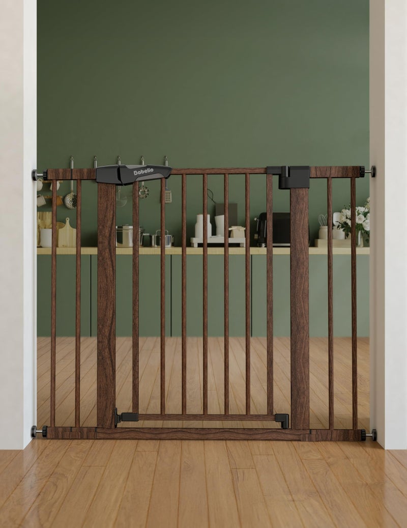 BABELIO Mom's Choice Award Winner-Babelio 26-40" Metal Baby Gate with Black Wood Pattern, PressGuard C5 Easy Install Pressure Mounted Dog Gate for Stairs and Doorways, with Wall Protectors and Extension Kits - Image 1