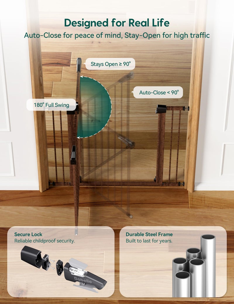 BABELIO Mom's Choice Award Winner-Babelio 26-40" Metal Baby Gate with Black Wood Pattern, PressGuard C5 Easy Install Pressure Mounted Dog Gate for Stairs and Doorways, with Wall Protectors and Extension Kits - Image 3