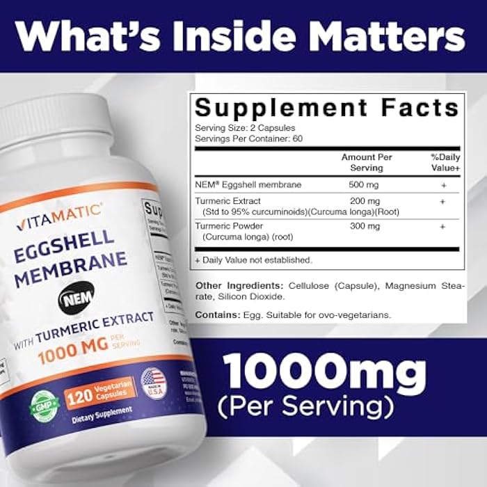 Vitamatic Eggshell Membrane (NEM) with Turmeric Extract | 1000 mg Per Serving | 120 Vegetarian Capsules | Non-GMO | Made in USA - Image 2