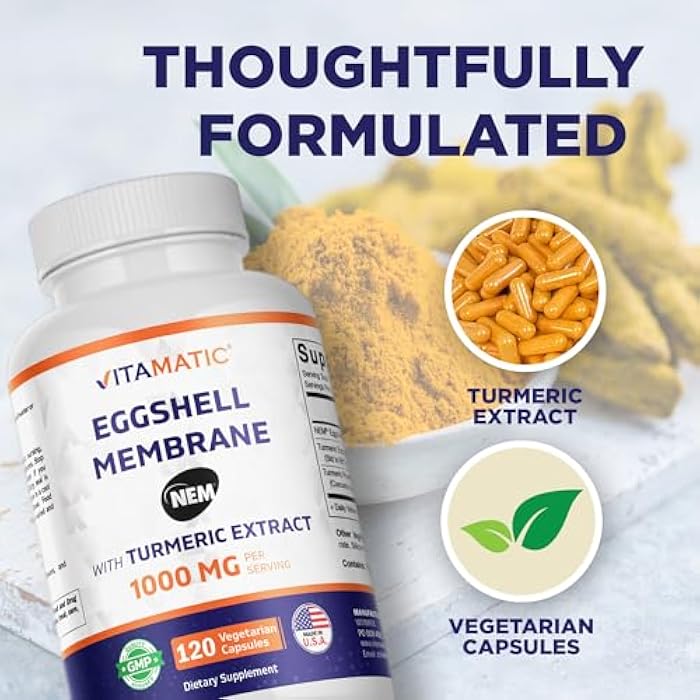 Vitamatic Eggshell Membrane (NEM) with Turmeric Extract | 1000 mg Per Serving | 120 Vegetarian Capsules | Non-GMO | Made in USA - Image 5