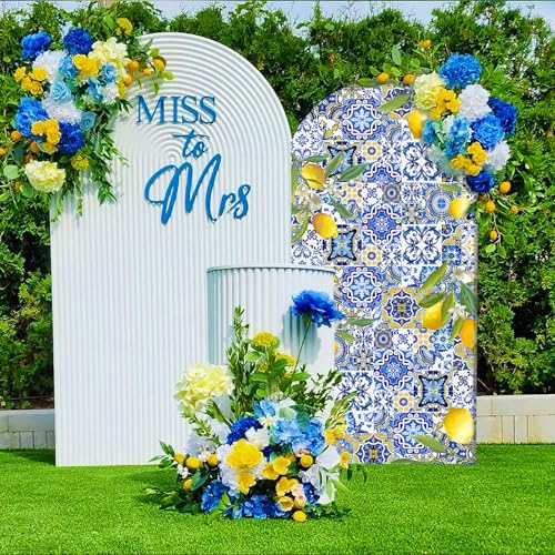Sensfun Mediterranean Blue Tiles Lemon Arch Backdrop Cover Amalfi Coast Wedding Bridal Shower Decorations2Sided Italy Lemon Backdrop Arch Covers for Positano Birthday Baby Shower Party Decor 26x6ft - Image 3