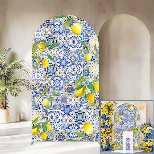 Sensfun Mediterranean Blue Tiles Lemon Arch Backdrop Cover Amalfi Coast Wedding Bridal Shower Decorations2Sided Italy Lemon Backdrop Arch Covers for Positano Birthday Baby Shower Party Decor 26x6ft - Image 1