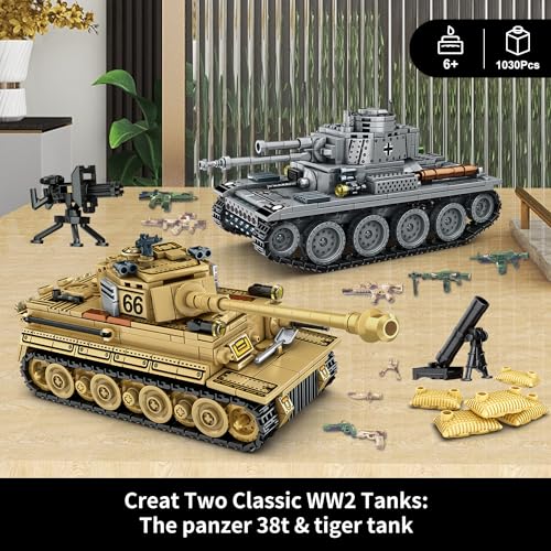 WINGIFT 1030 Piece WW2 Army Tanks Toy Building SetsCreate a German Panzer 38T and a German Tiger Tank ToysAdult Collectible Model Tanks Sets to BuildChristmas Birthday Gifts for BoysTeensAdults - Image 5